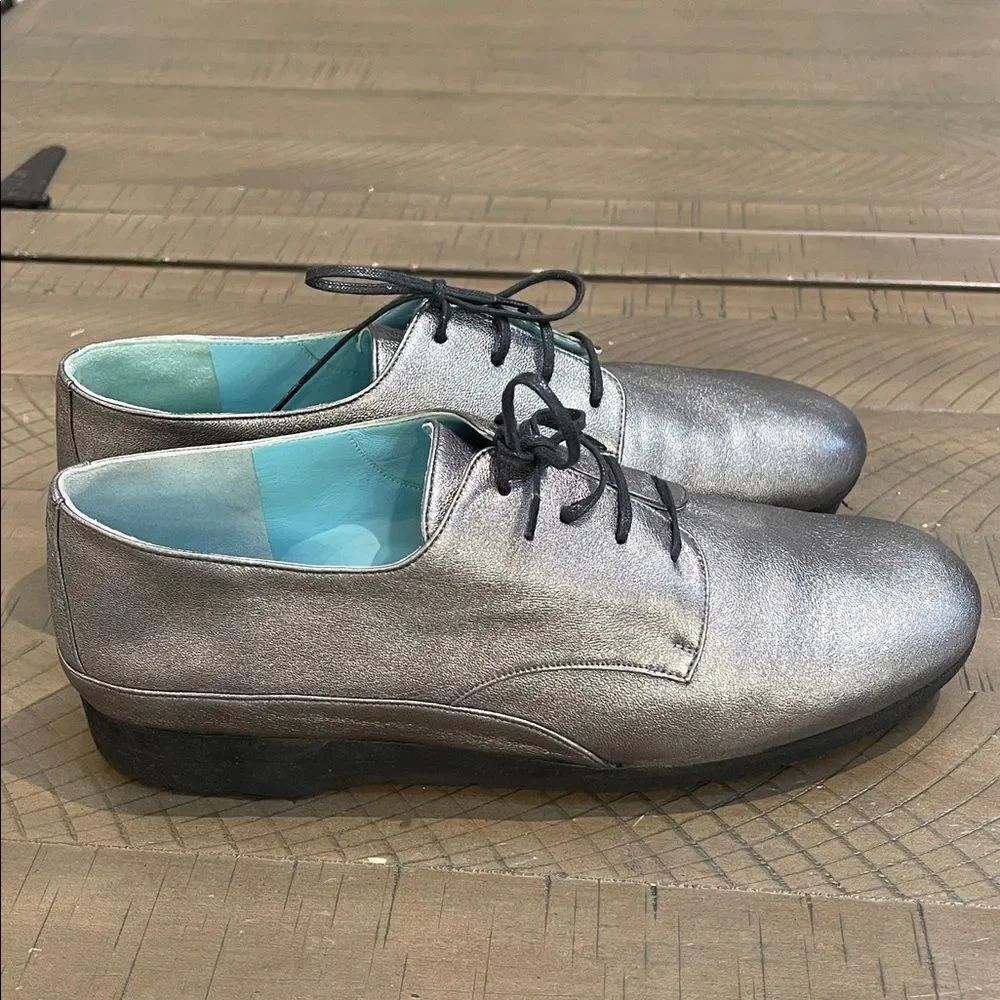 Thierry Rabotin Pewter Metallic Leather Oxford Shoes Size 38